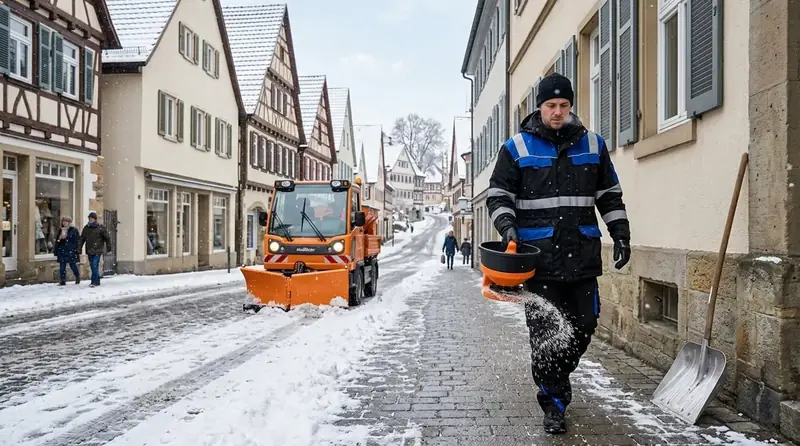 Professioneller Winterdienst räumt Schnee von einem Gehweg